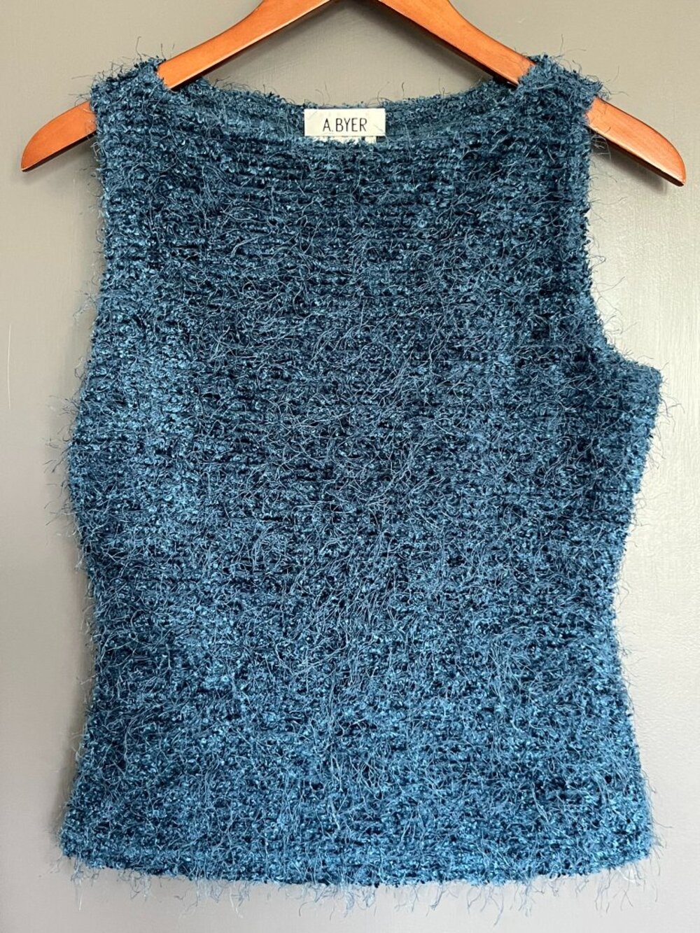 Vintage A.Byer Fuzzy Blue Sleeveless Top Juniors Size Large L Shag Tank Y2K USA